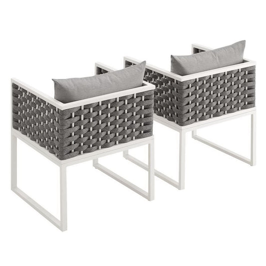Stance outdoor aluminum dining armchairs set of 2 with gray woven panels and cushions on Tampa Home & Garden Store