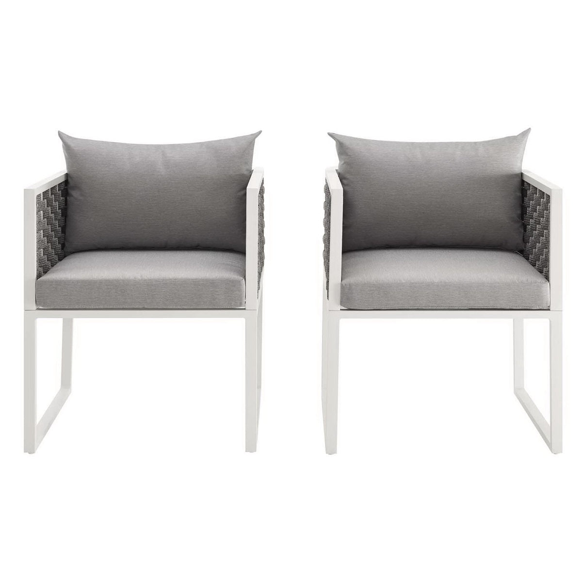 Stance outdoor aluminum dining armchairs set of 2 with white frames and gray cushions by Modway on Tampa Home & Garden Store