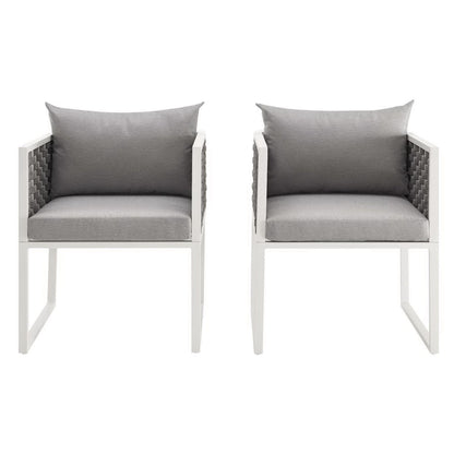 Stance outdoor aluminum dining armchairs set of 2 with white frames and gray cushions by Modway on Tampa Home & Garden Store