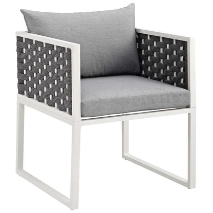 Stance outdoor aluminum dining armchair pair with white frame and gray cushions on Tampa Home & Garden Store