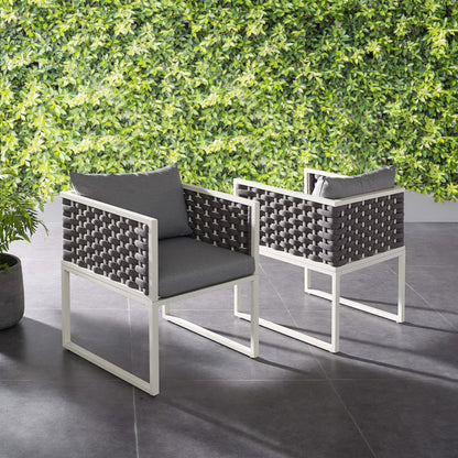 Stance outdoor patio aluminum dining armchairs set of 2 with white frames and gray woven cushions on Tampa Home & Garden Store