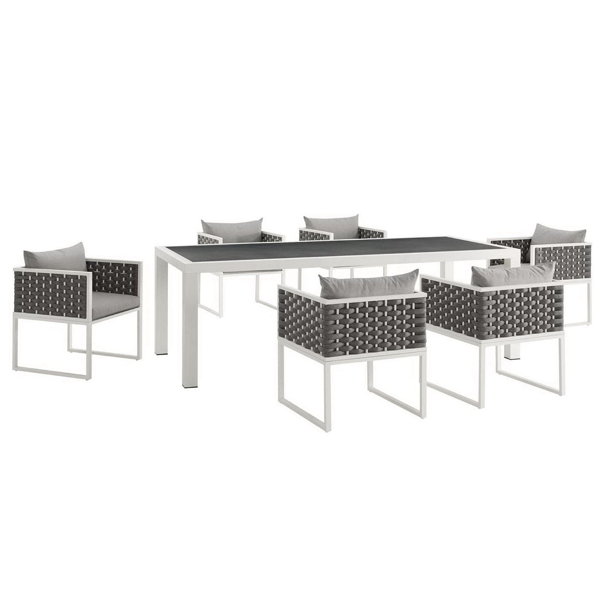 Stance 7 Piece Outdoor Patio Aluminum Dining Set white frame with gray woven chairs by Modway on Tampa Home & Garden Store