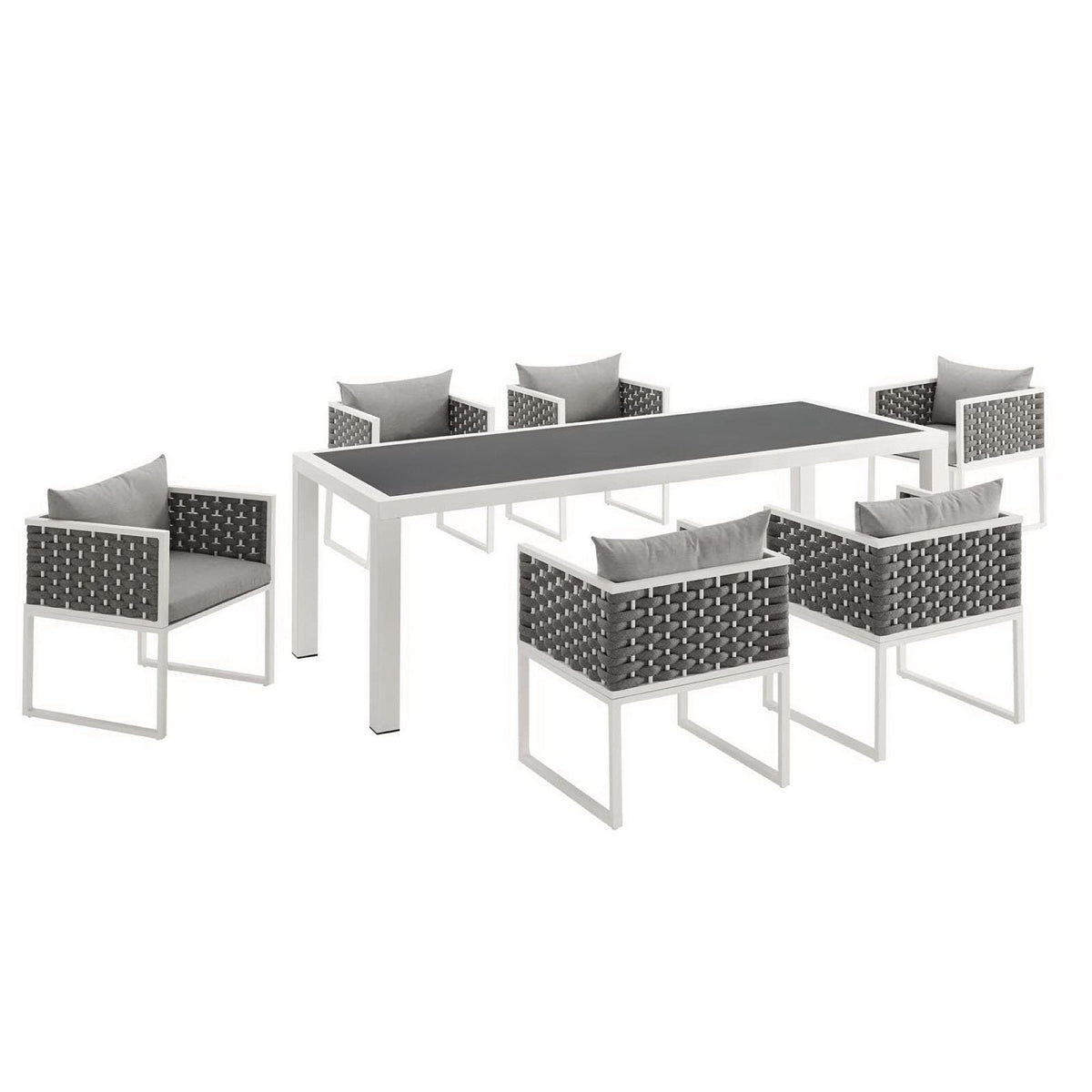Stance 7-Piece aluminum dining set with white frames and gray woven chairs by Modway on Tampa Home & Garden Store