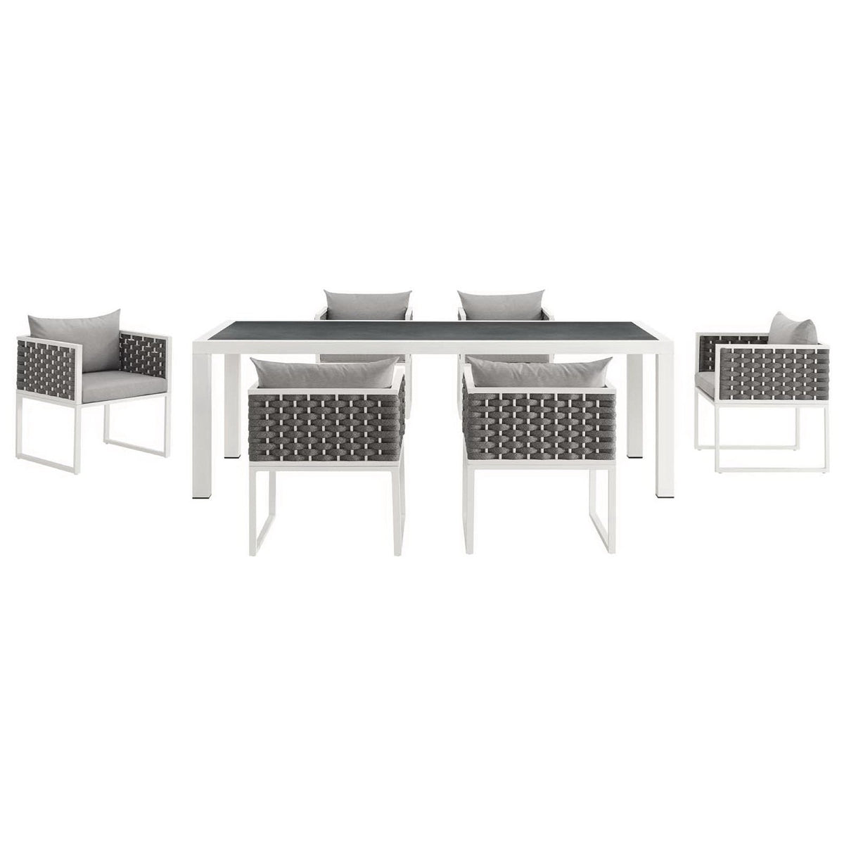 Stance 7 Piece Outdoor Patio Dining Set white frame black top gray woven chairs by Modway on Tampa Home & Garden Store