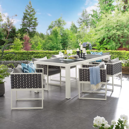 Stance 7-Piece Outdoor Dining Set by Modway, white frames, dark wicker, gray cushions on Tampa Home & Garden Store