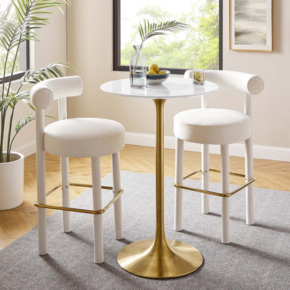 Lippa 28in round wood bar table by Modway with white top and brass base, three white stools on Tampa Home & Garden Store