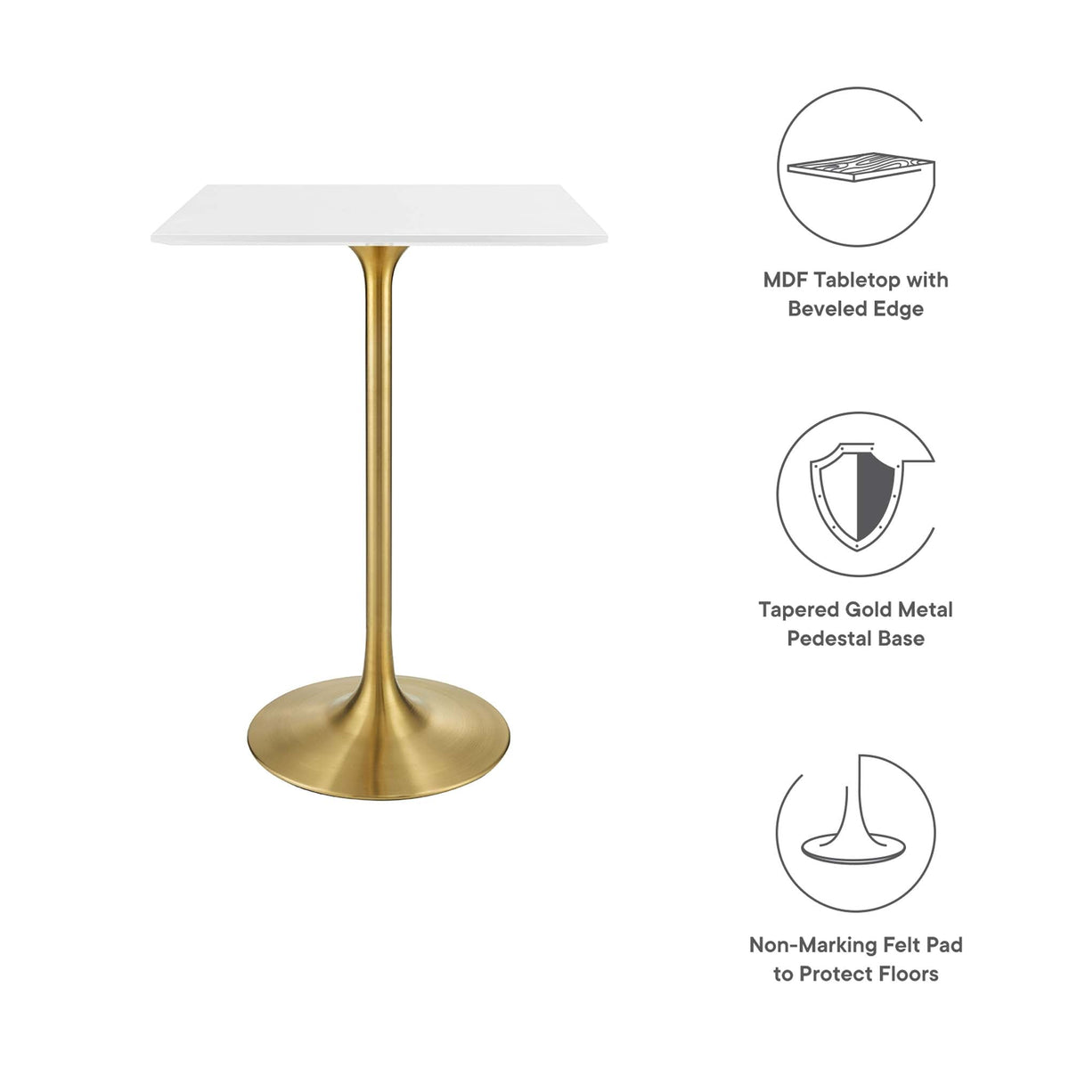 Lippa Square Wood Bar Table with white MDF beveled top and gold tapered pedestal base on Tampa Home & Garden Store