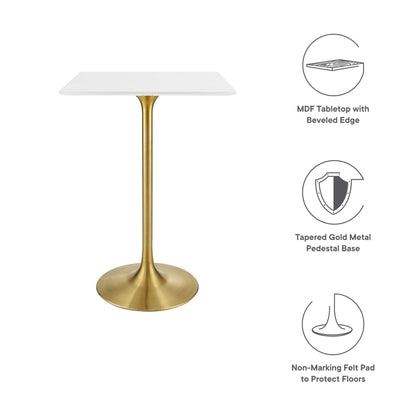 Lippa Square Wood Bar Table with white MDF beveled top and gold tapered pedestal base on Tampa Home & Garden Store
