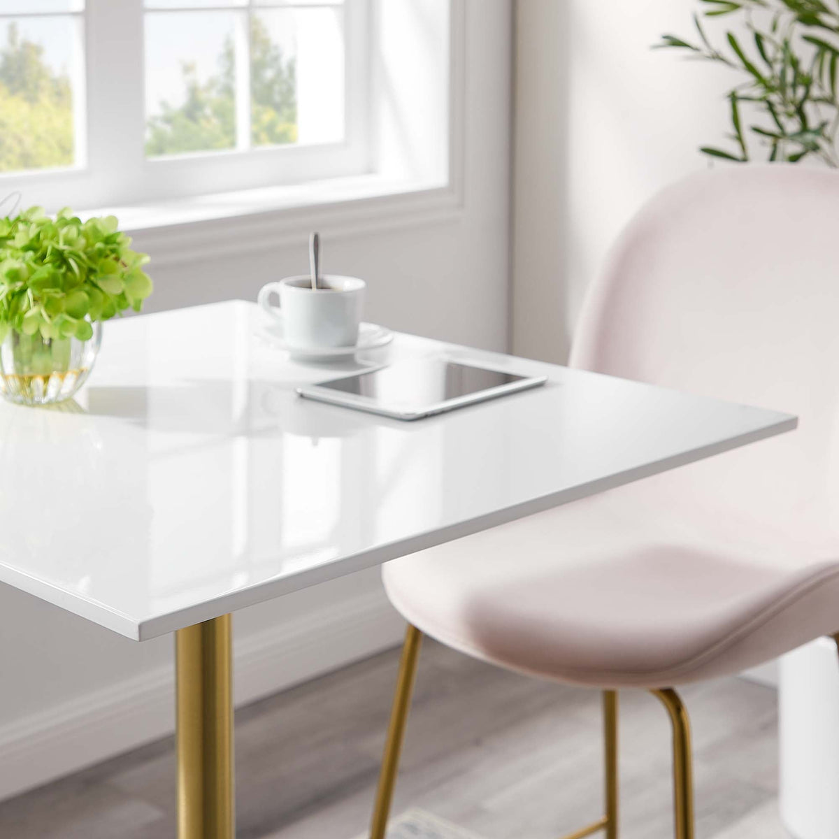 Lippa Square Wood Bar Table by Modway, white gloss top with gold metal legs on Tampa Home & Garden Store