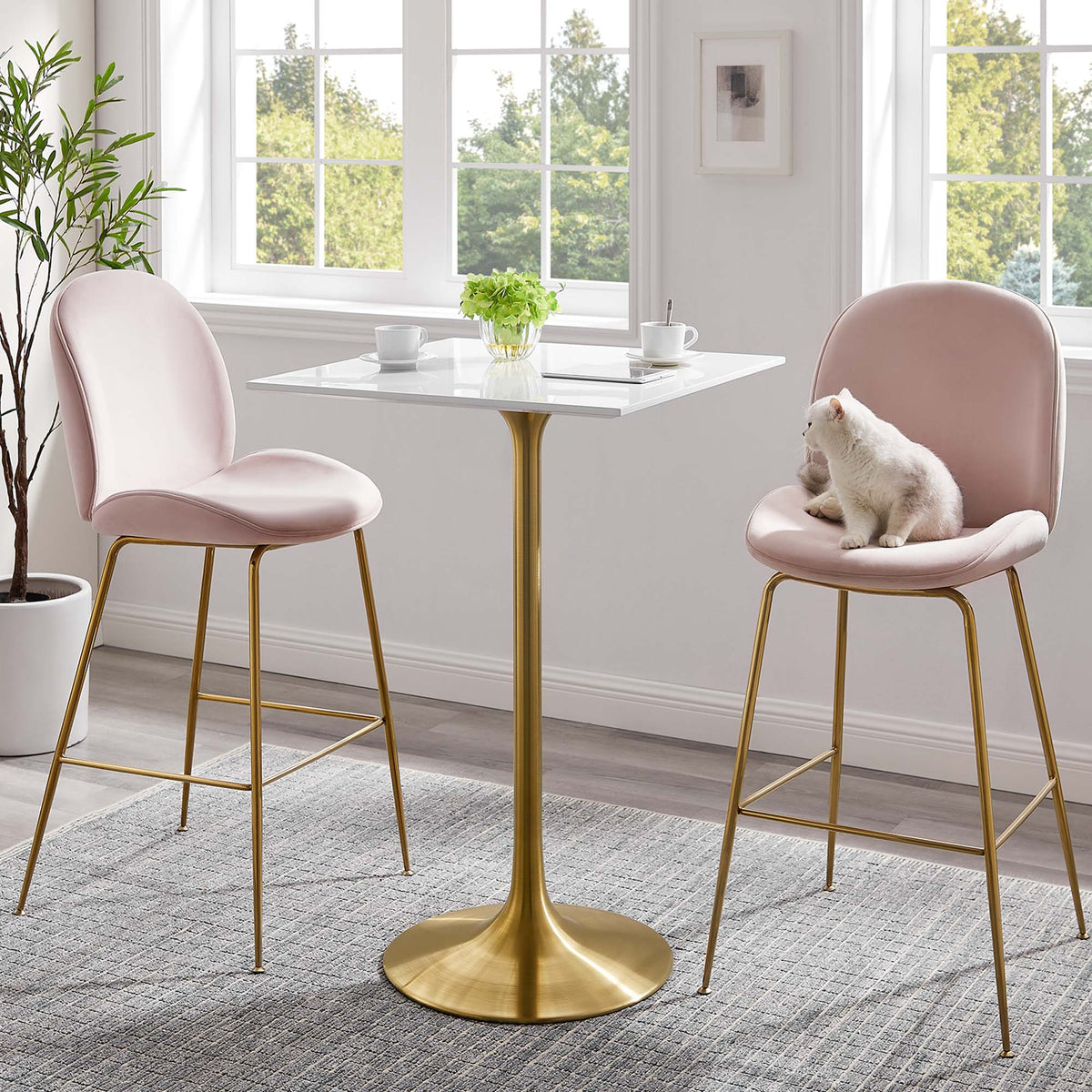 Lippa wood bar table by Modway with white top and gold pedestal base in a dining nook on Tampa Home & Garden Store