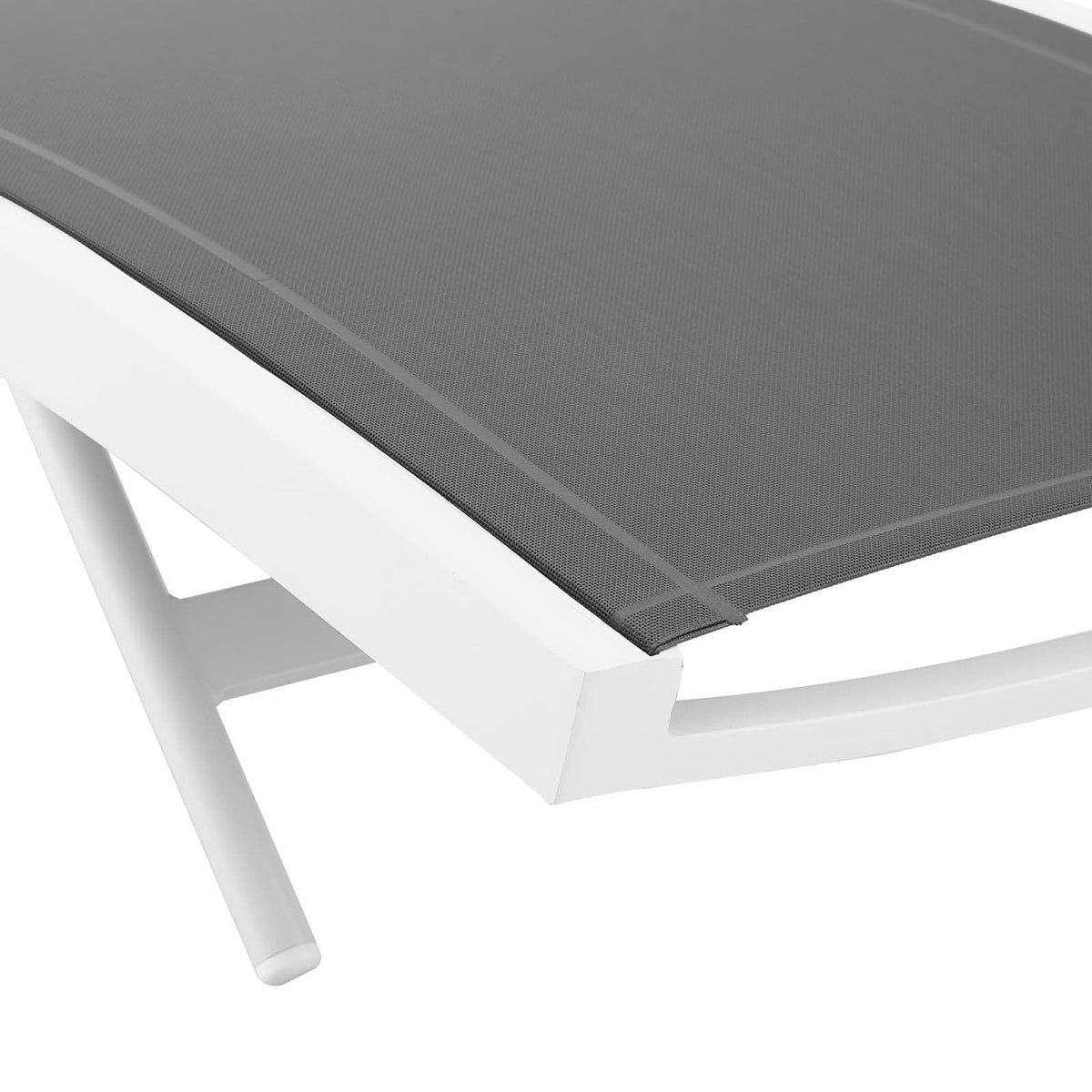 Glimpse outdoor chaise lounge chair with gray mesh seat on white metal frame on Tampa Home & Garden Store