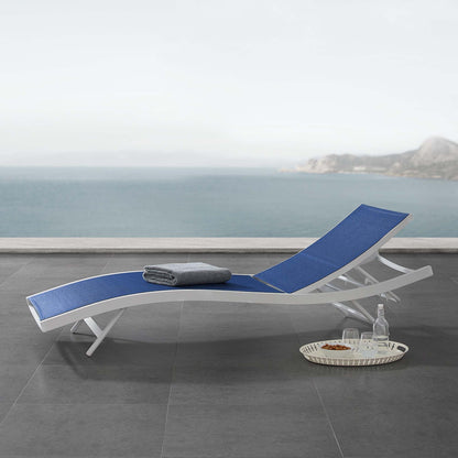Glimpse outdoor patio mesh chaise lounge chairs (2) with blue fabric and white frames on Tampa Home & Garden Store