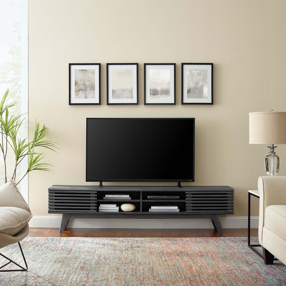 Render 70in Entertainment Center TV Stand by Modway in black slatted wood with open cubbies on Tampa Home & Garden Store