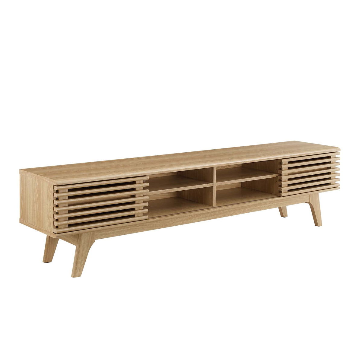 Render 70-inch Entertainment Center TV Stand in oak with slatted sides and open shelves on Tampa Home & Garden Store