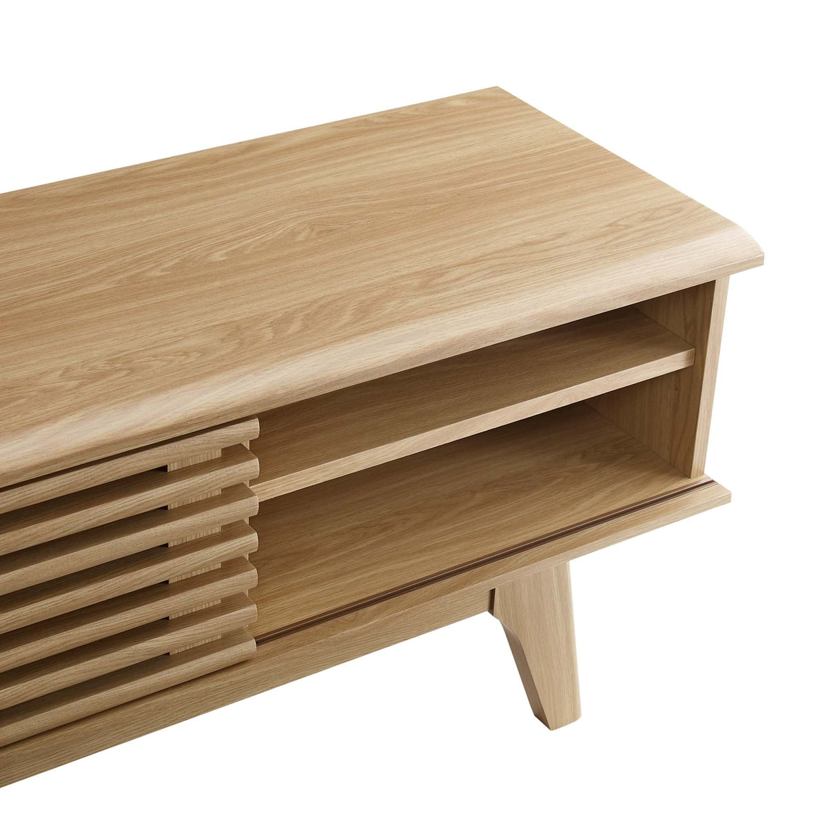 Render 70in entertainment center TV stand in natural wood finish with slatted sides on Tampa Home & Garden Store