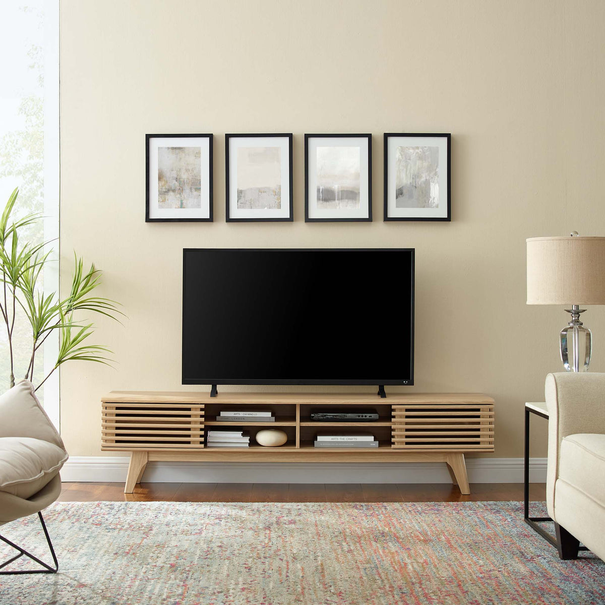 Render 70-inch Entertainment Center TV Stand by Modway in light wood slatted finish with open shelves on Tampa Home & Garden Store