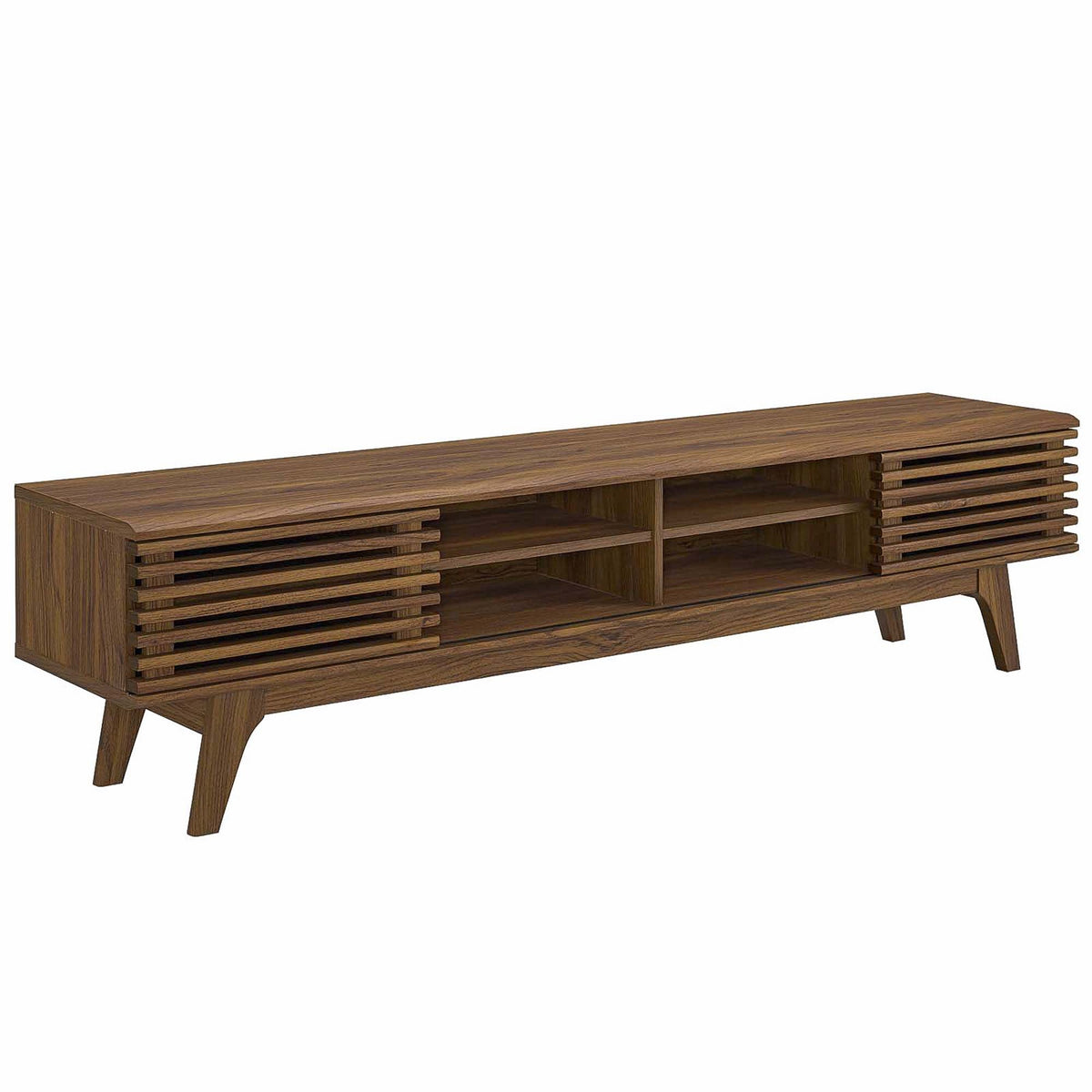 Render 70-inch entertainment center TV stand in warm oak wood with slatted sides on Tampa Home & Garden Store