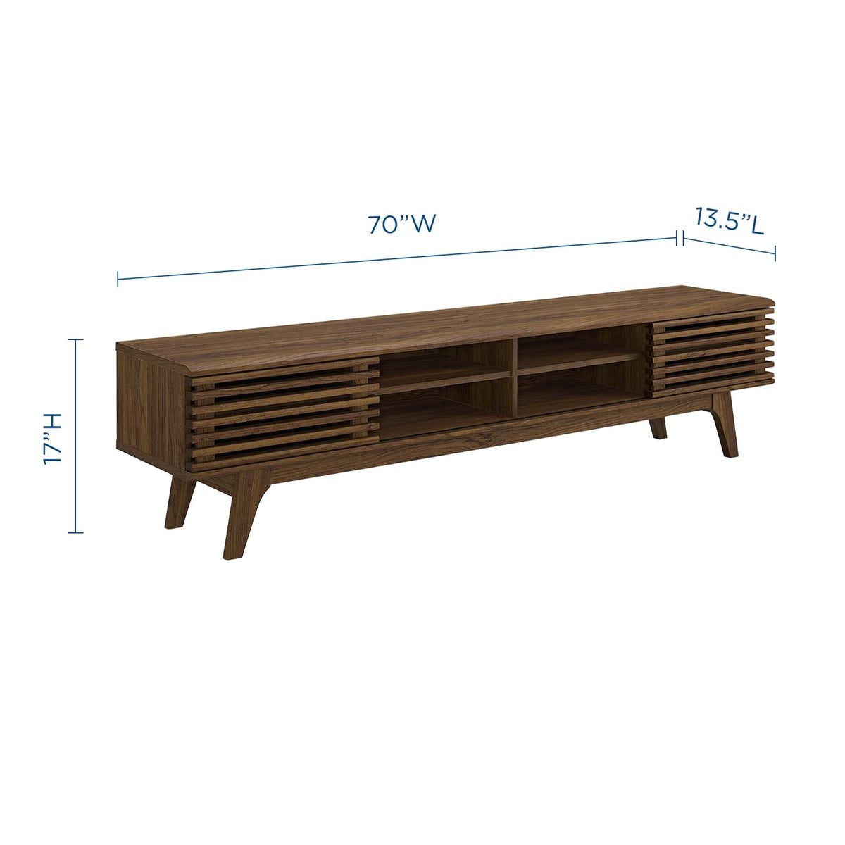 Render 70in entertainment center TV stand in warm wood with slatted doors and open shelves on Tampa Home & Garden Store