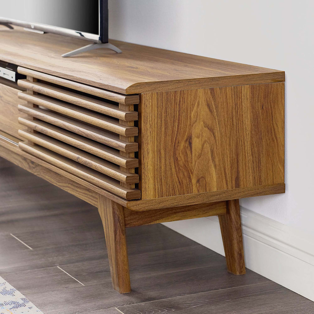 Render TV Stand by Modway in warm oak veneer with slatted front panels and tapered legs on Tampa Home & Garden Store