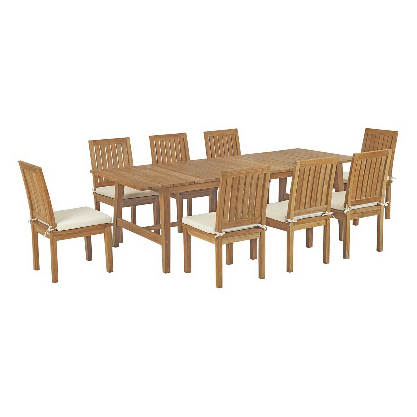 Marina 9-piece teak outdoor dining set with cream cushions and slatted back chairs on Tampa Home & Garden Store
