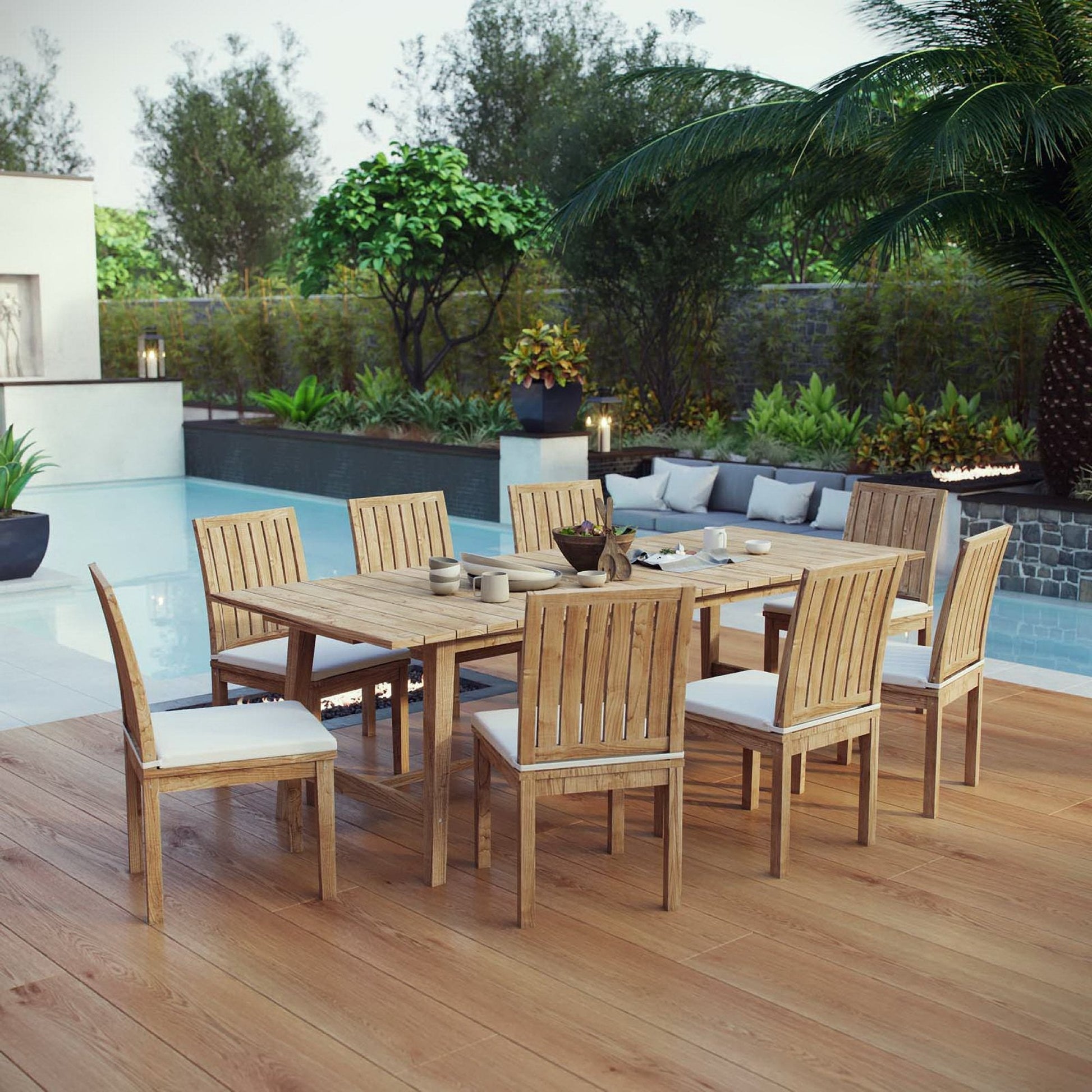 Marina 9 Piece teak outdoor dining set with rectangular table and eight chairs poolside on Tampa Home & Garden Store