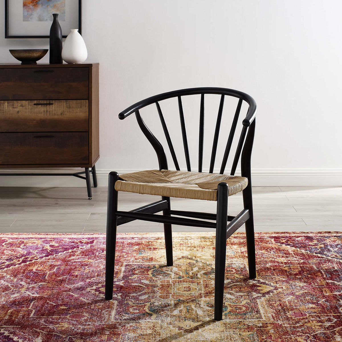 Flourish Spindle Wood Dining Side Chair by Modway, black spindle back and woven natural seat on Tampa Home & Garden Store