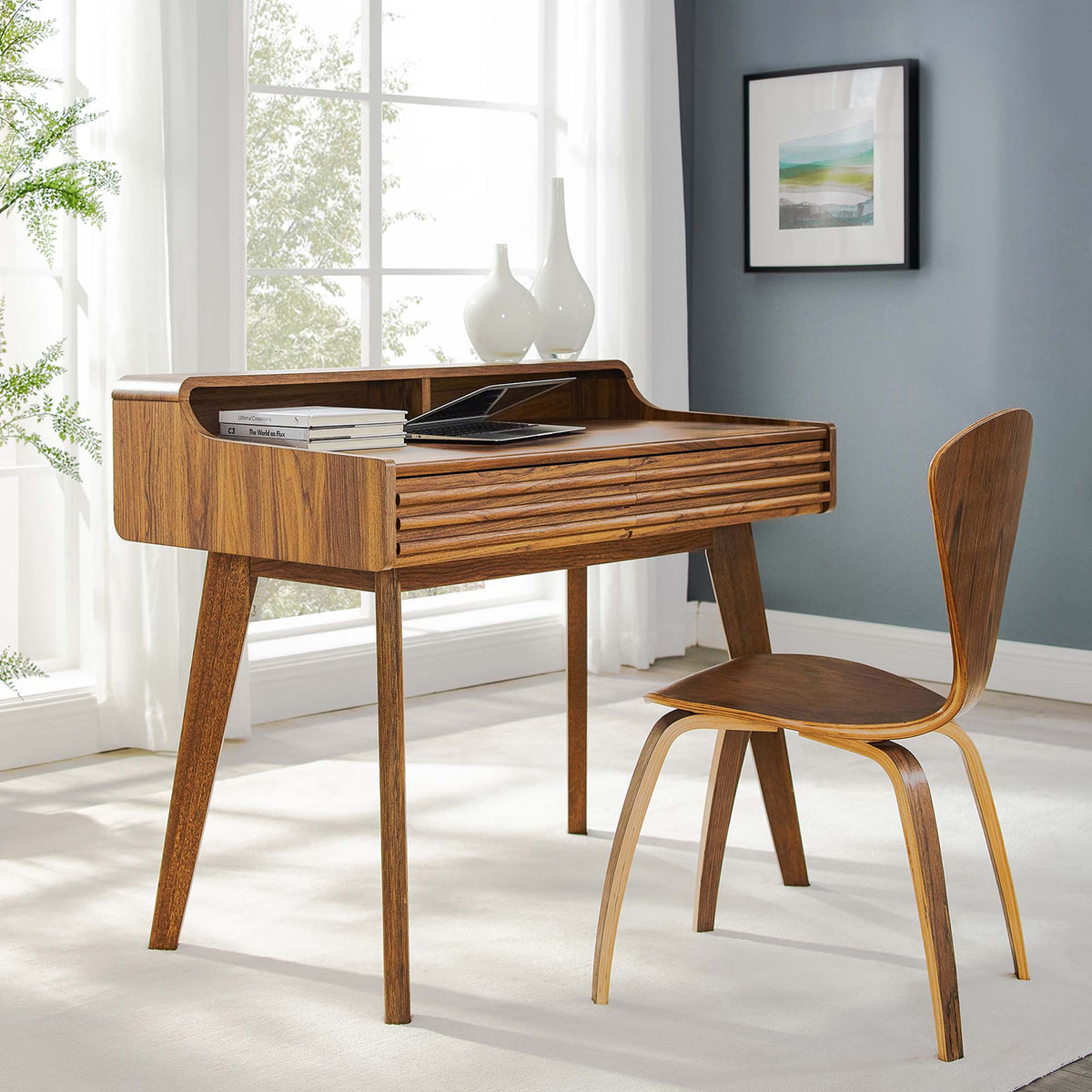 Render Writing Desk by Modway (2) in walnut wood with slatted front and matching chair on Tampa Home & Garden Store