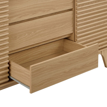 63in wooden sideboard buffet with drawers and slatted panels in oak finish on Tampa Home & Garden Store
