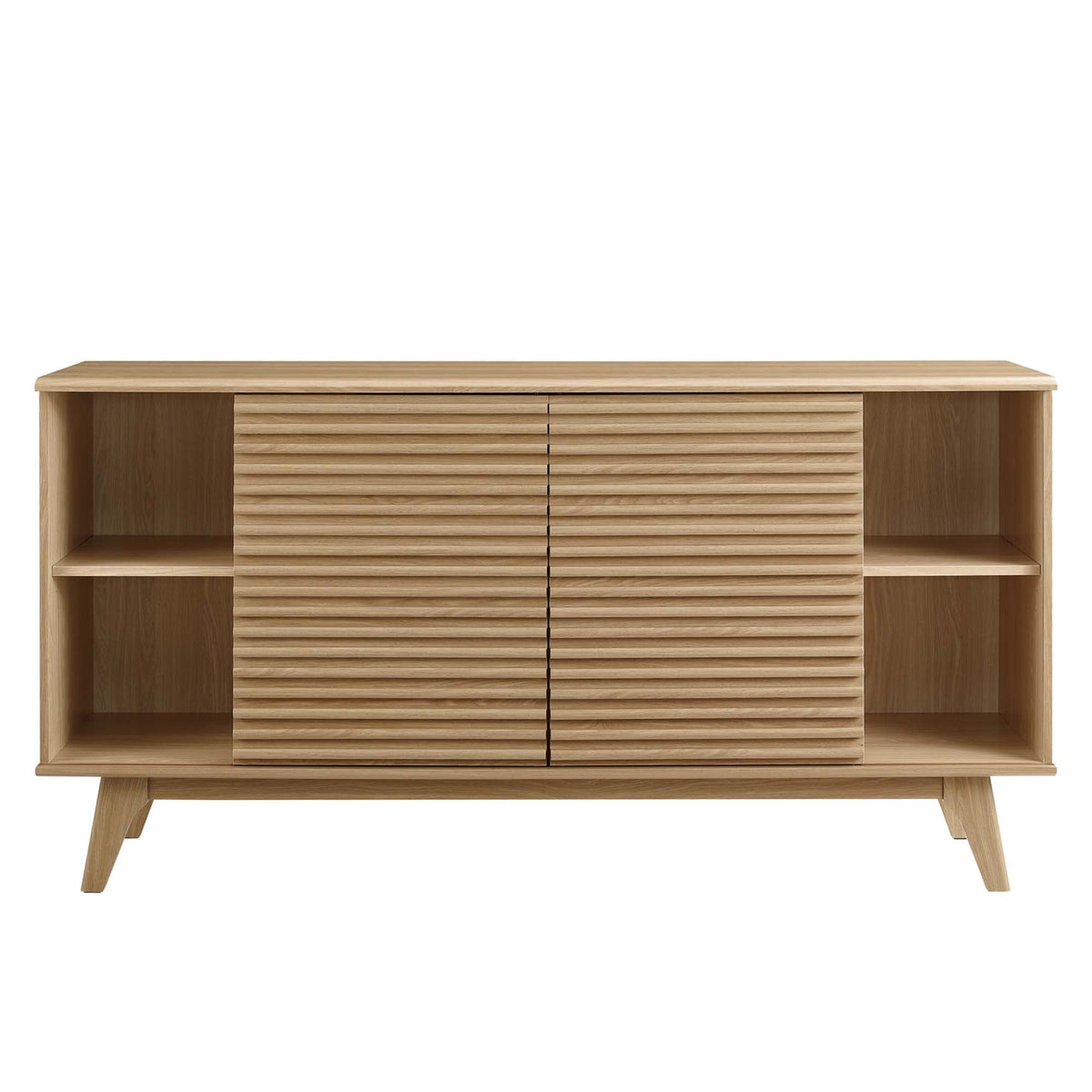 63in Sideboard Buffet with slatted drawer fronts, open shelves, light oak finish, midcentury legs on Tampa Home & Garden Store