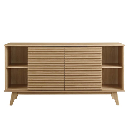 63in Sideboard Buffet with slatted drawer fronts, open shelves, light oak finish, midcentury legs on Tampa Home & Garden Store