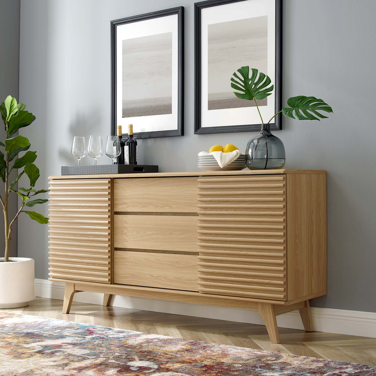 Render 63in sideboard buffet with slatted wood doors in natural oak finish on Tampa Home & Garden Store