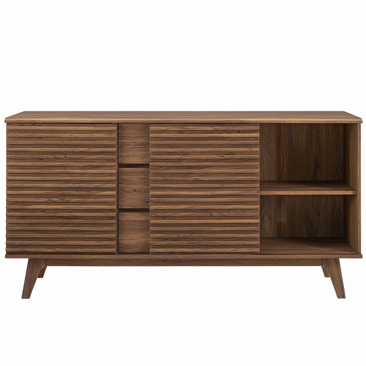Render 63-inch sideboard buffet TV stand in warm wood with slatted cabinet doors on Tampa Home & Garden Store