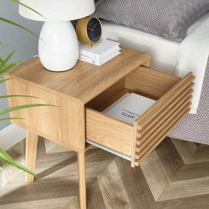 Render End Table by Modway oak slatted drawers, with white lamp and gold clock atop 3 books on Tampa Home & Garden Store
