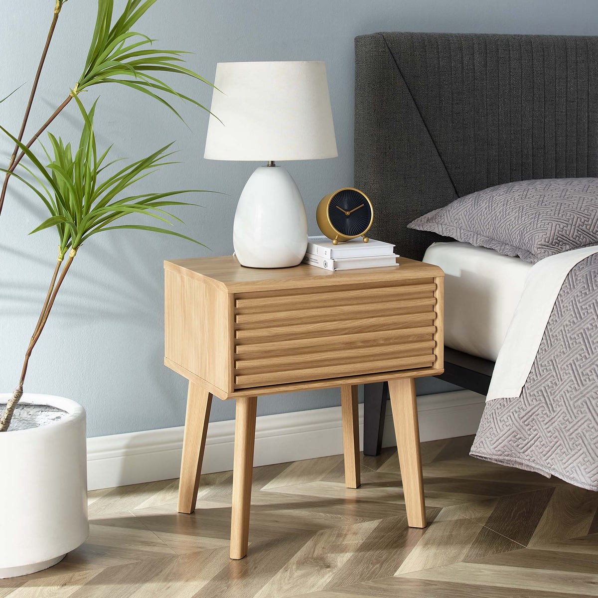 Render End Table by Modway, light oak wood bedside table with slatted drawer front on Tampa Home & Garden Store