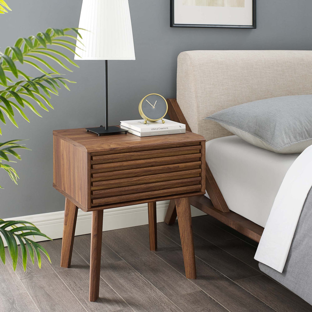 Render End Table by Modway, walnut three-drawer nightstand with slatted-front drawers beside a beige upholstered bed on Tampa Home & Garden Store