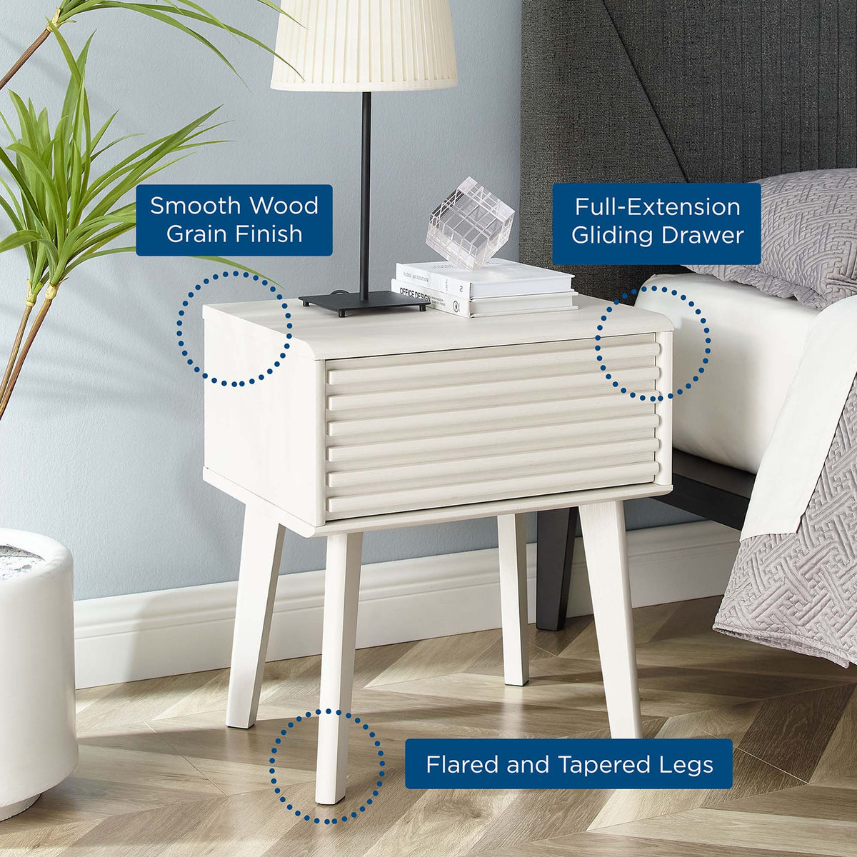 Render End Table by Modway white wood grain finish with slatted drawer and flared tapered legs on Tampa Home & Garden Store