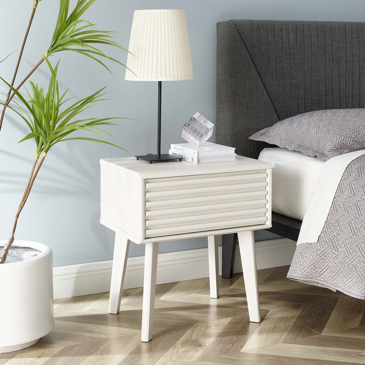 Render End Table by Modway white slatted drawer end table in modern bedroom scene on Tampa Home & Garden Store