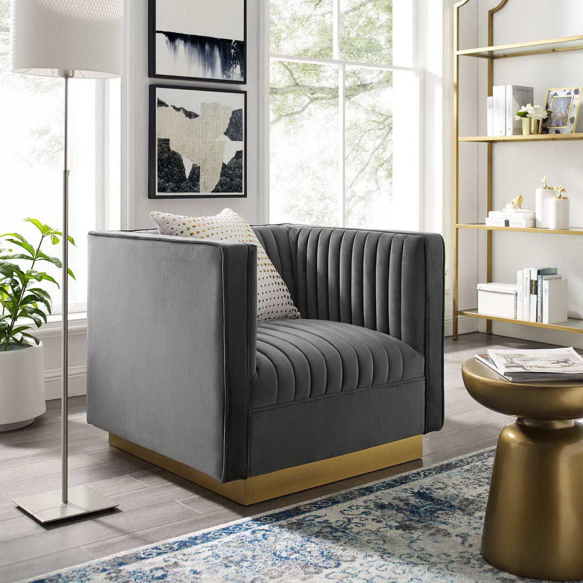 Sanguine Velvet Armchair with Vertical Channel