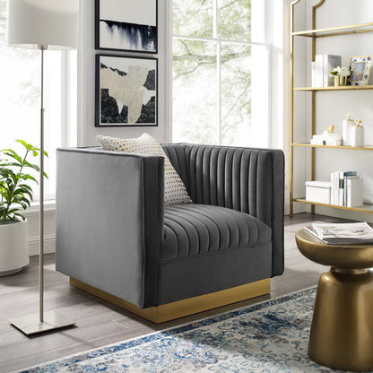 Sanguine Velvet Armchair with Vertical Channel