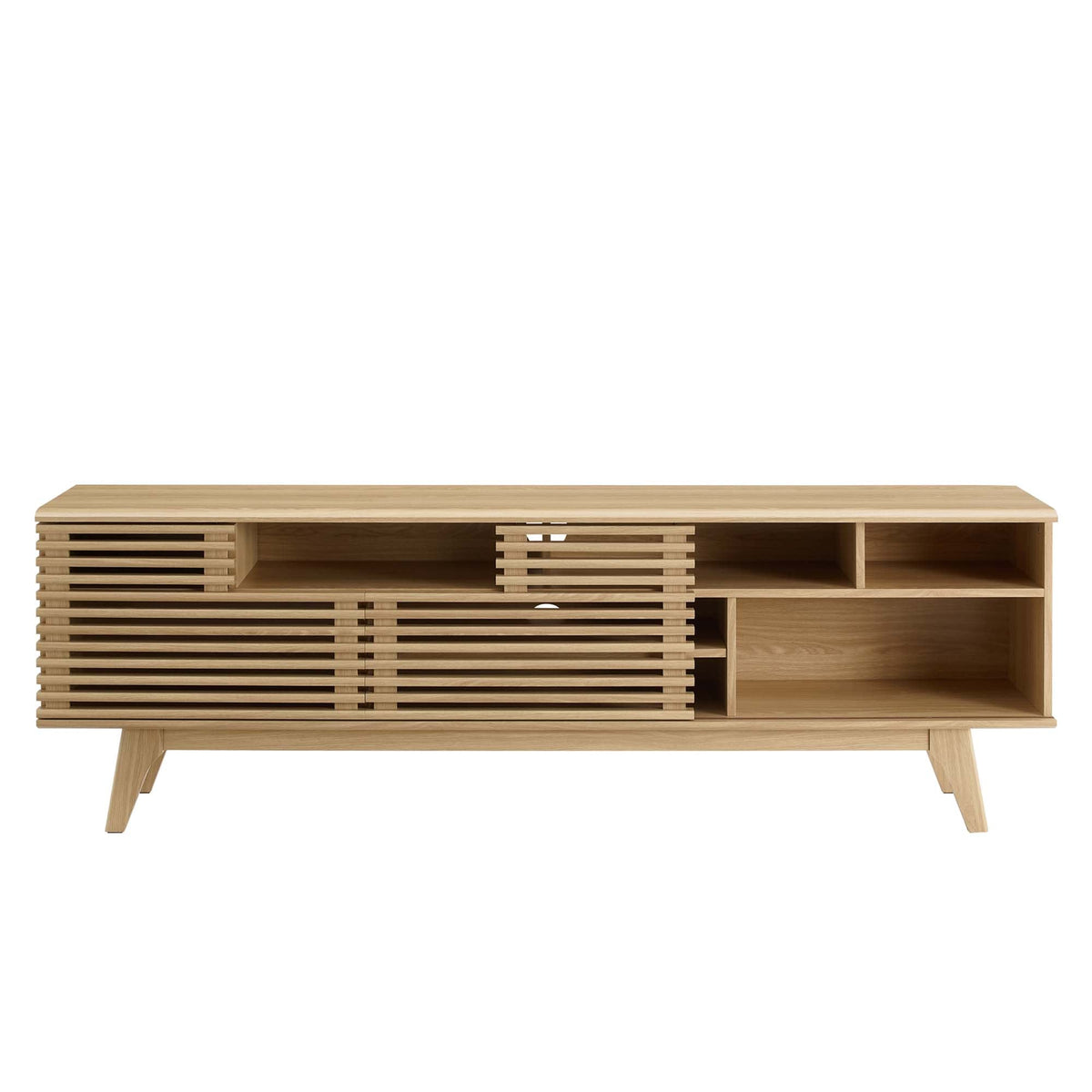Render Media Console TV Stand with natural wood finish and slatted sides for living room use on Tampa Home & Garden Store