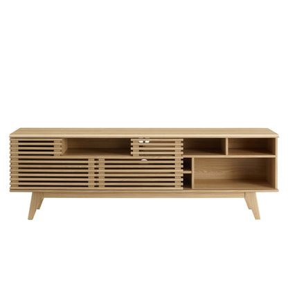 Render Media Console TV Stand with natural wood finish and slatted sides for living room use on Tampa Home & Garden Store