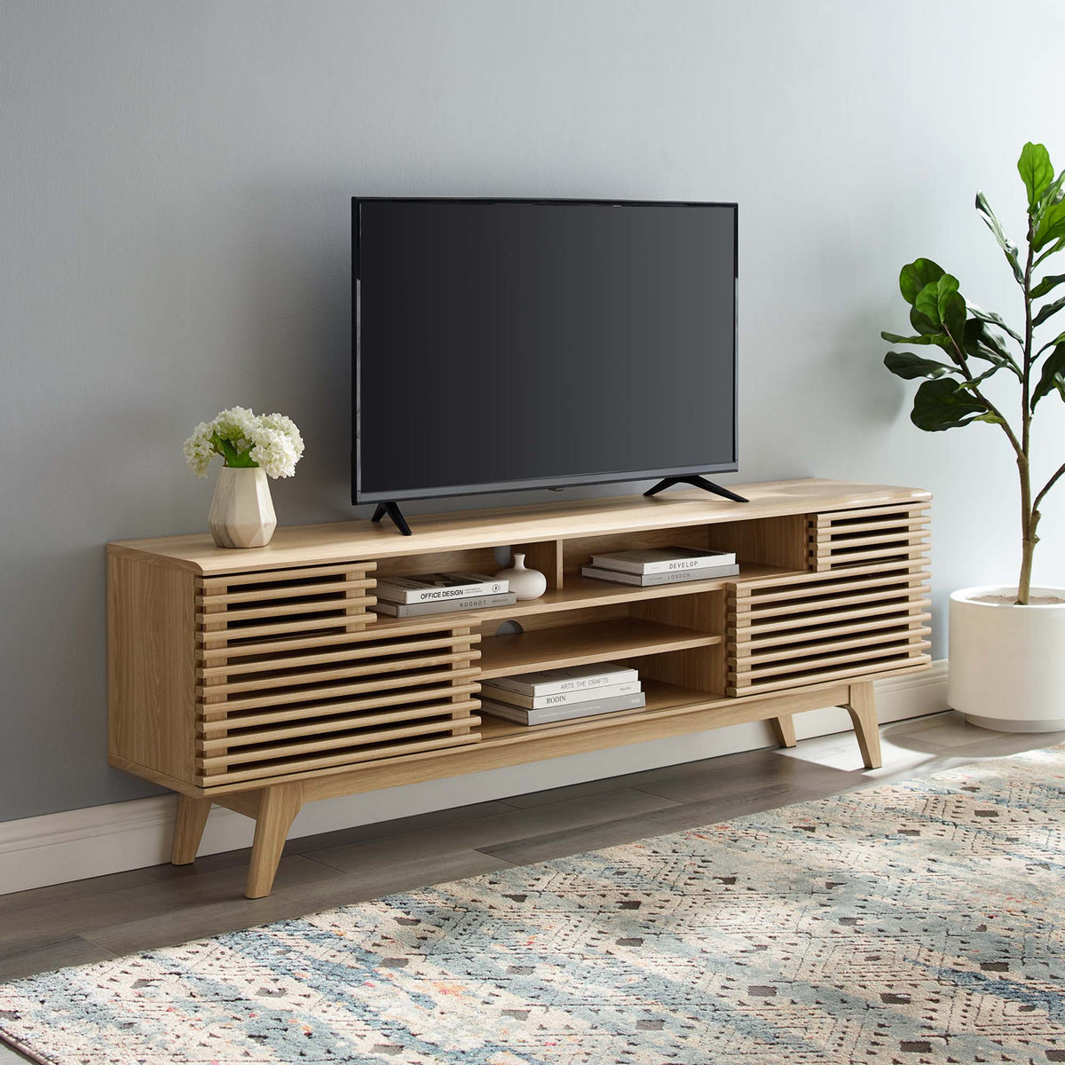 Render Media Console TV Stand by Modway in light oak with slatted shelves for living room on Tampa Home & Garden Store