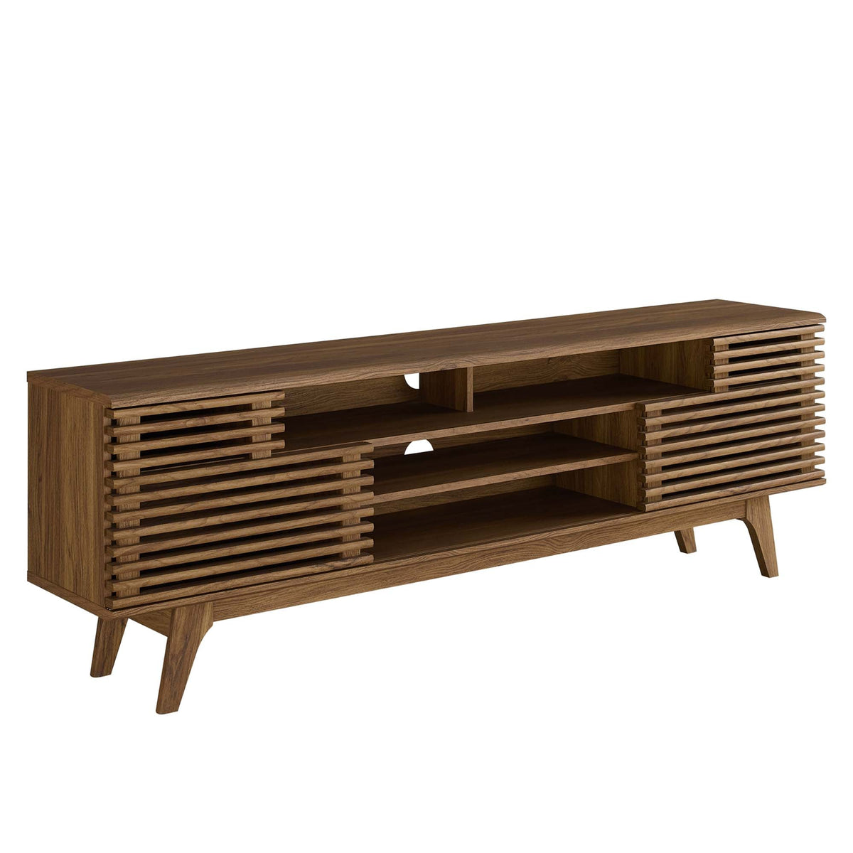 Render Media Console TV Stand in walnut finish with slatted side panels and open shelves on Tampa Home & Garden Store