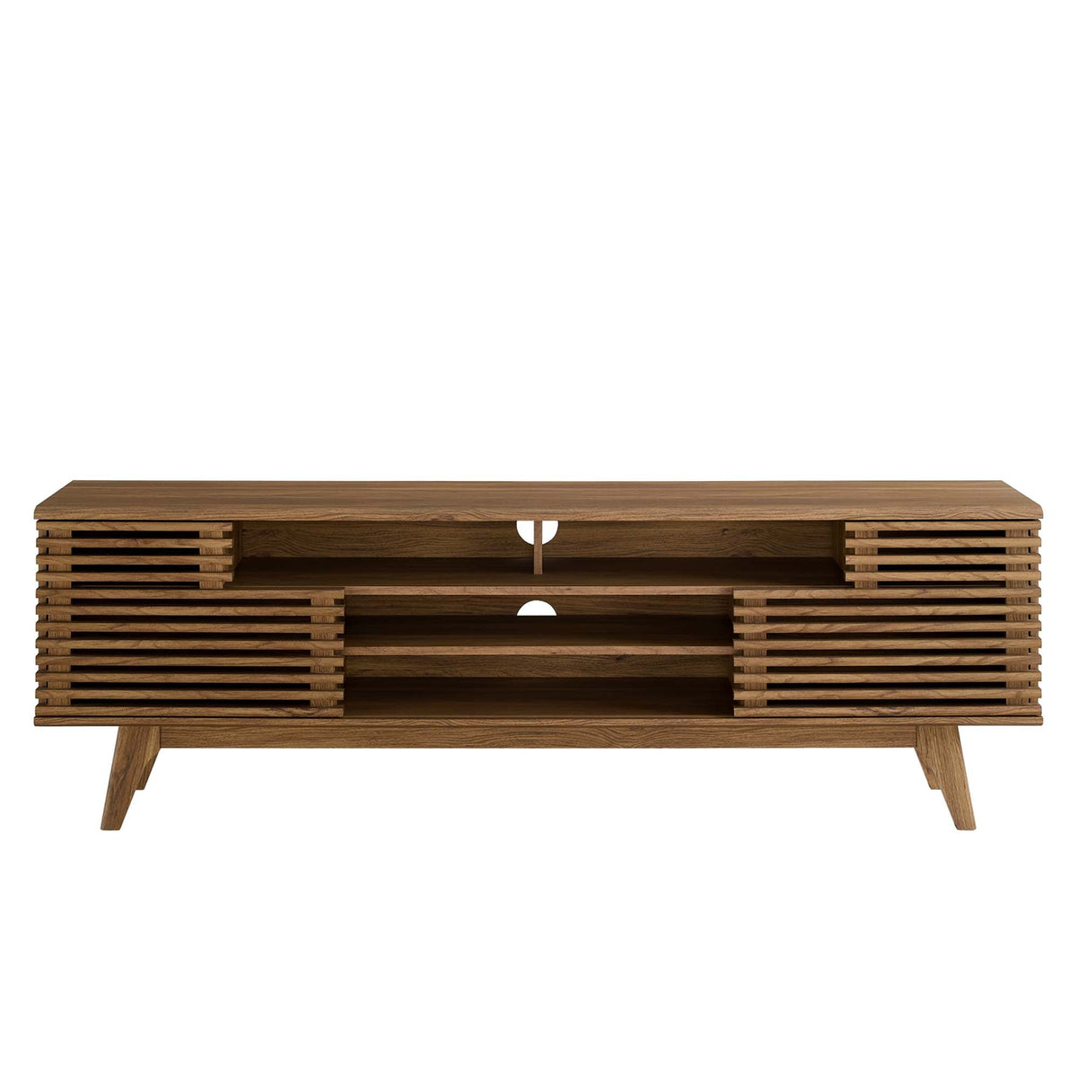 Render Media Console TV Stand by Modway in warm wood with slatted sides and open center shelf on Tampa Home & Garden Store