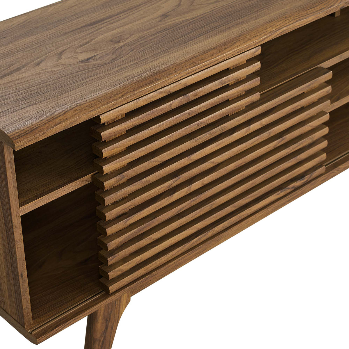 Render Media Console TV Stand by Modway in walnut-toned wood with slatted shelves on Tampa Home & Garden Store