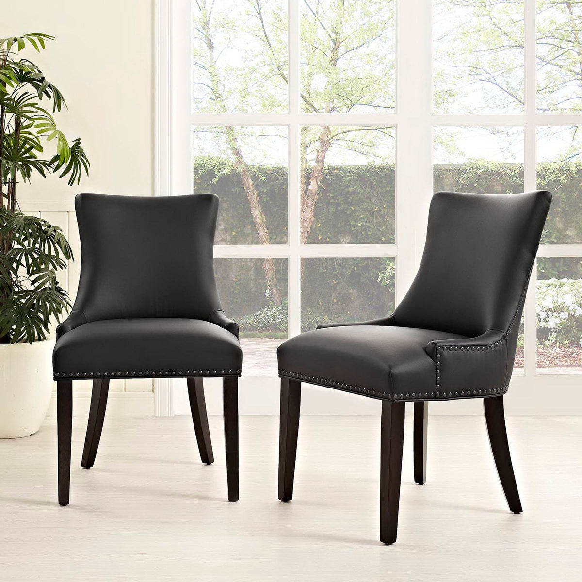 Marquis Faux Leather Dining Chair Set of 2, black with nailhead trim, wood legs HouseOfZazla on Tampa Home & Garden Store