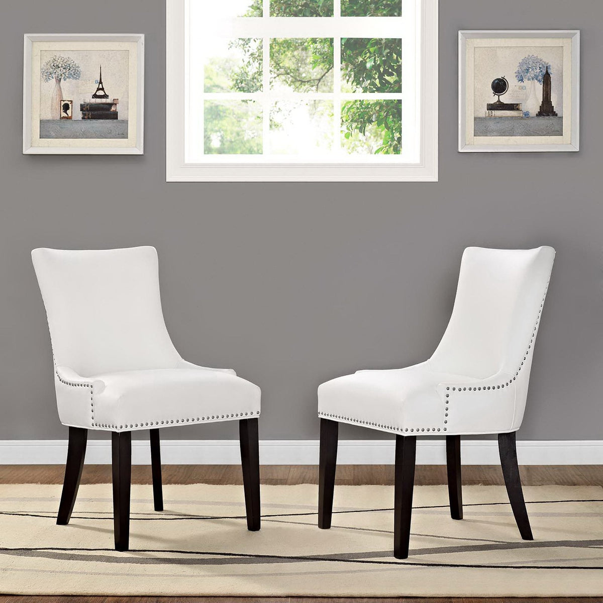 Marquis Faux Leather Dining Chair Set of 2 white upholstery with nailhead trim and dark legs on Tampa Home & Garden Store