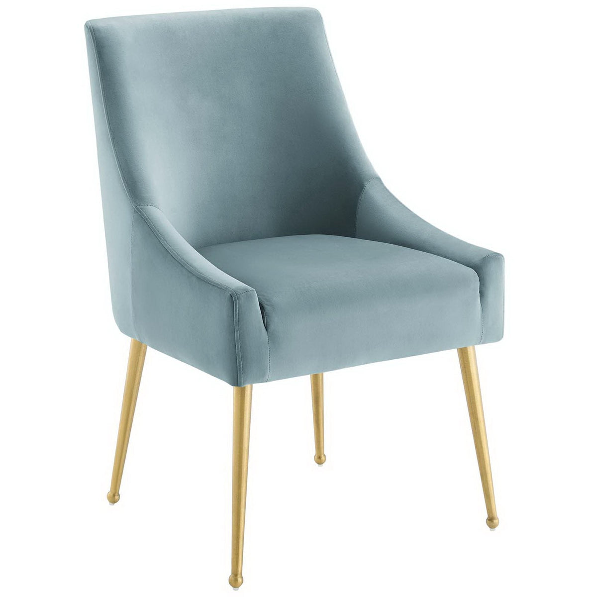 Discern Upholstered Velvet Dining Chair in blue with curved arms and light wood legs on Tampa Home & Garden Store