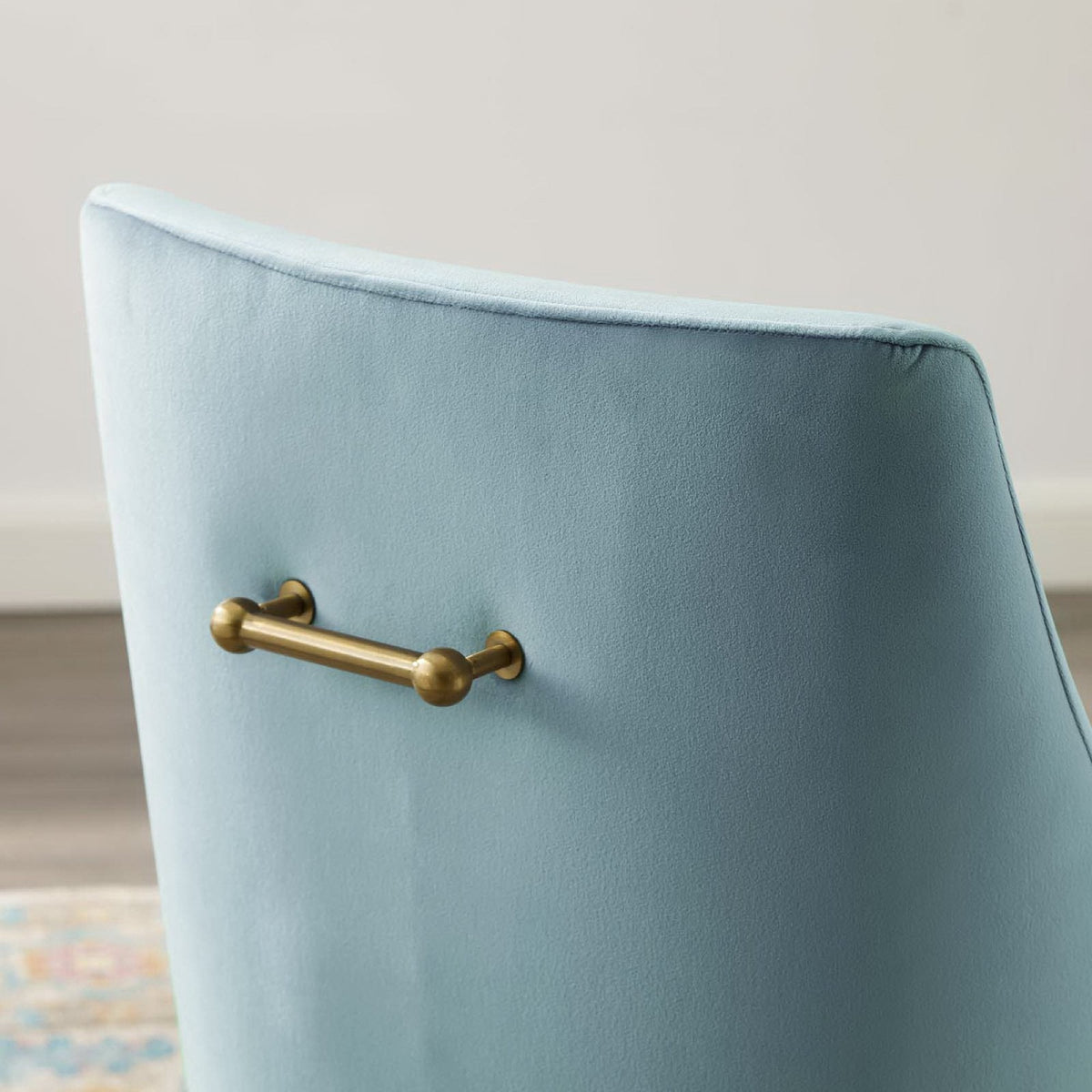 Discern Upholstered Velvet Dining Chair blue velvet with brass side handle, HouseOfZazla on Tampa Home & Garden Store