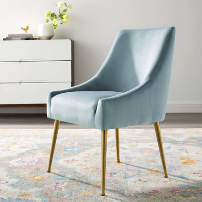 Discern Upholstered Velvet Dining Chair in light blue with brass legs on Tampa Home & Garden Store
